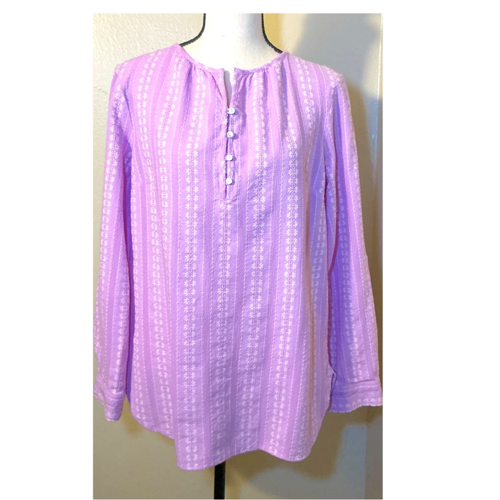 Talbots Lavender White Button-Front Floral Peasant Blouse